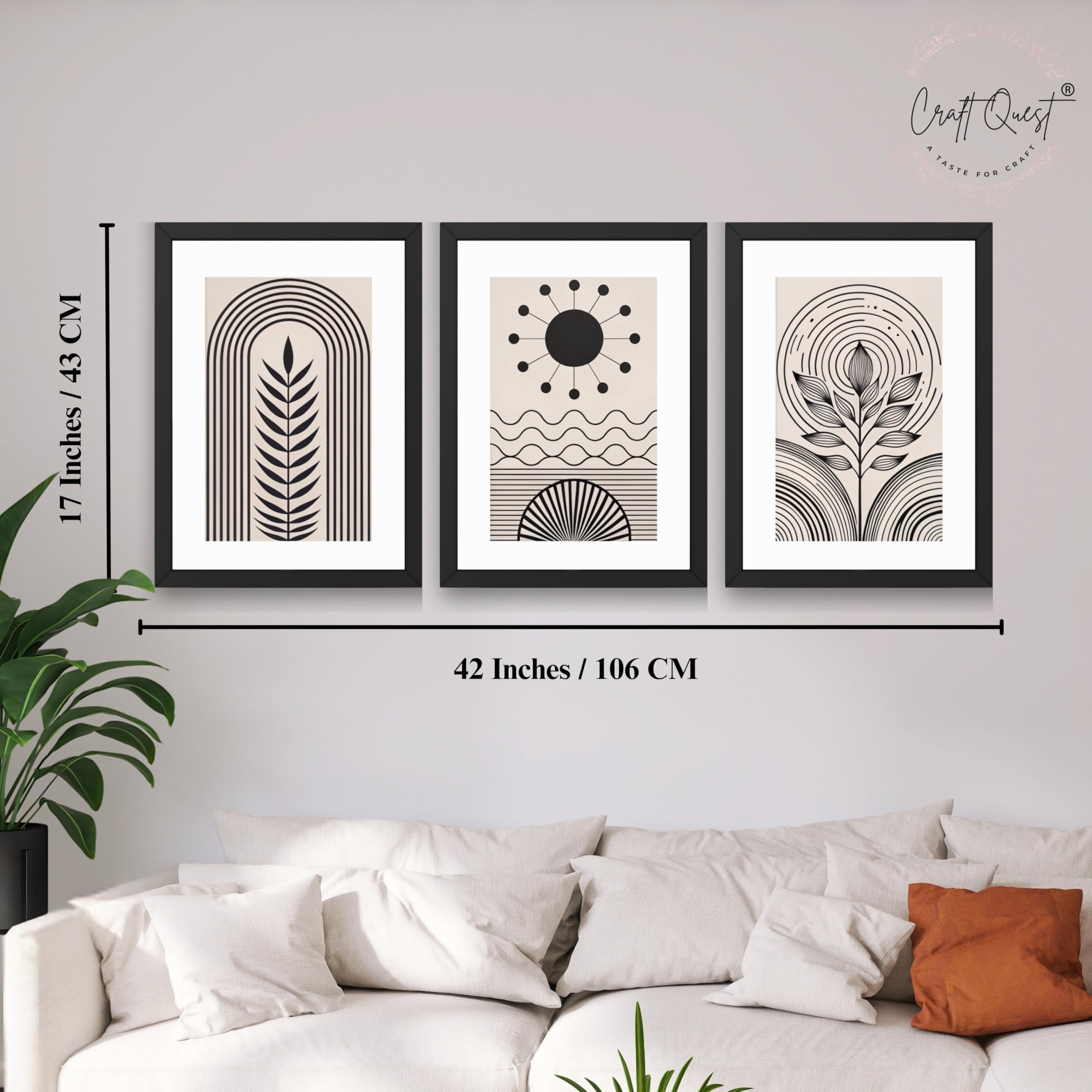 CRAFT QUEST Abstract Series Framed Paintings With Sun | Set of 3 Frames for Home Decoration | Ideal for Living Room, Bedroom & Offices