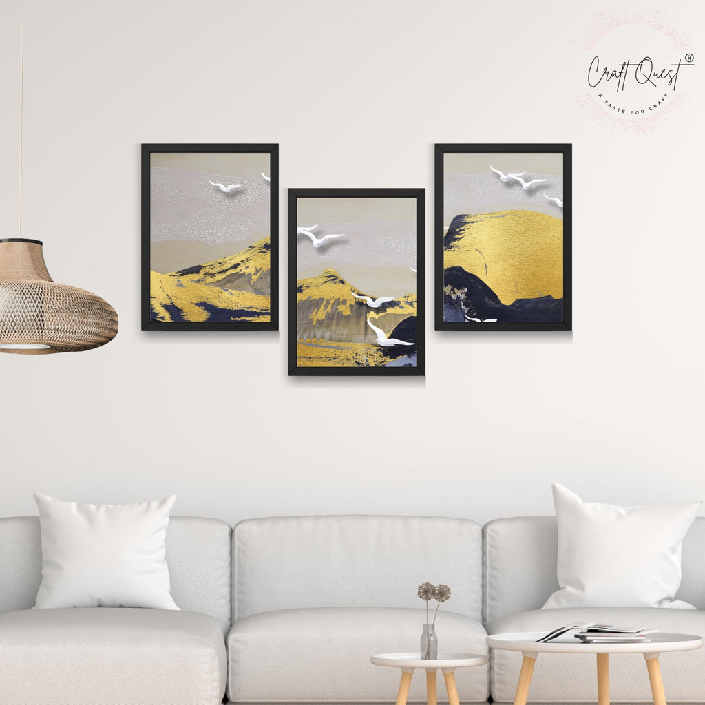 CRAFT QUEST Modern Art Abstract Porch Golden Wall Art | Set of 3 Frames for Home Decoration | Ideal for Living Room, Bedroom & Offices