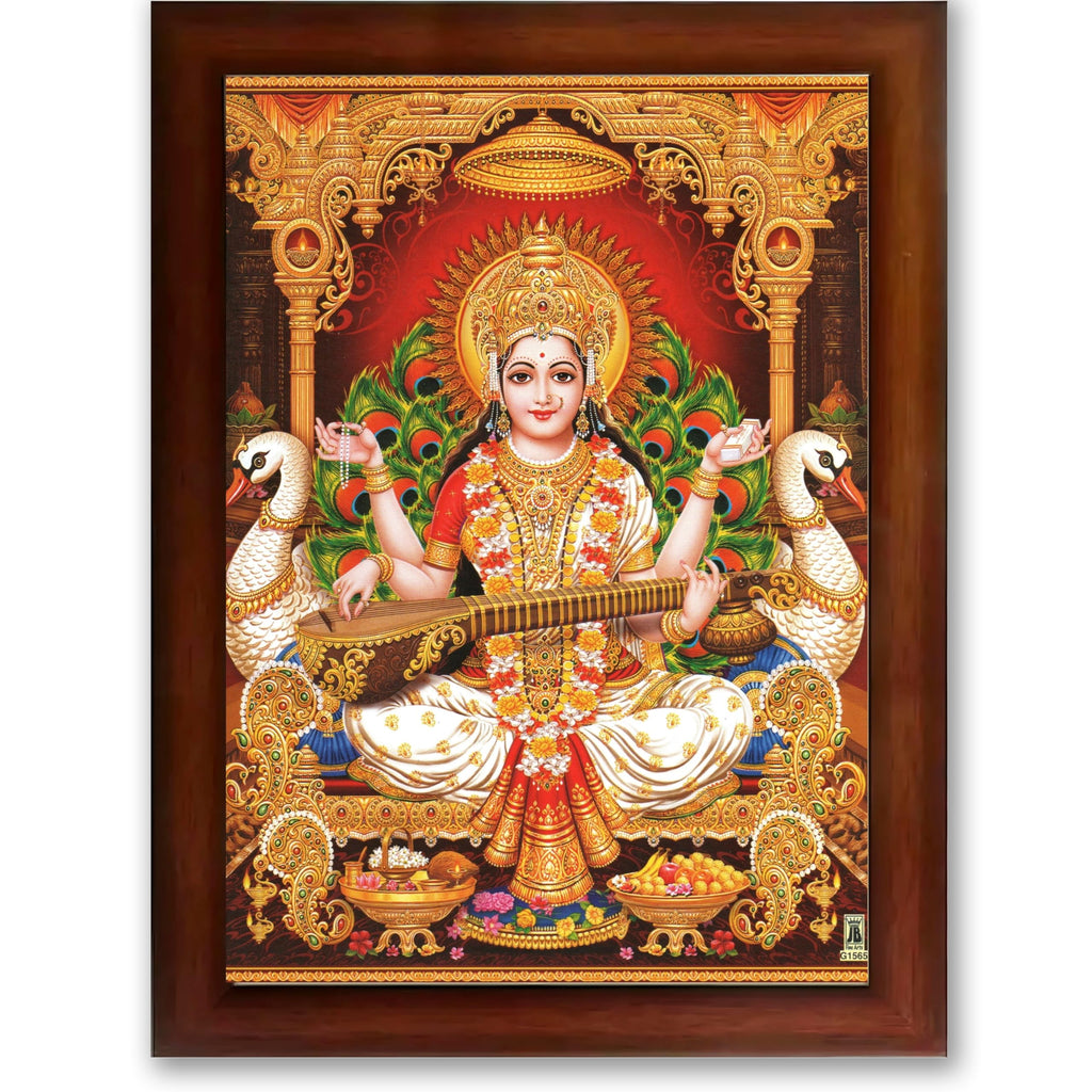 CRAFT QUEST Saraswati Devi Goddess Saraswathi Maa Wall Painting Framed For Home Décor Synthetic wooden Framed