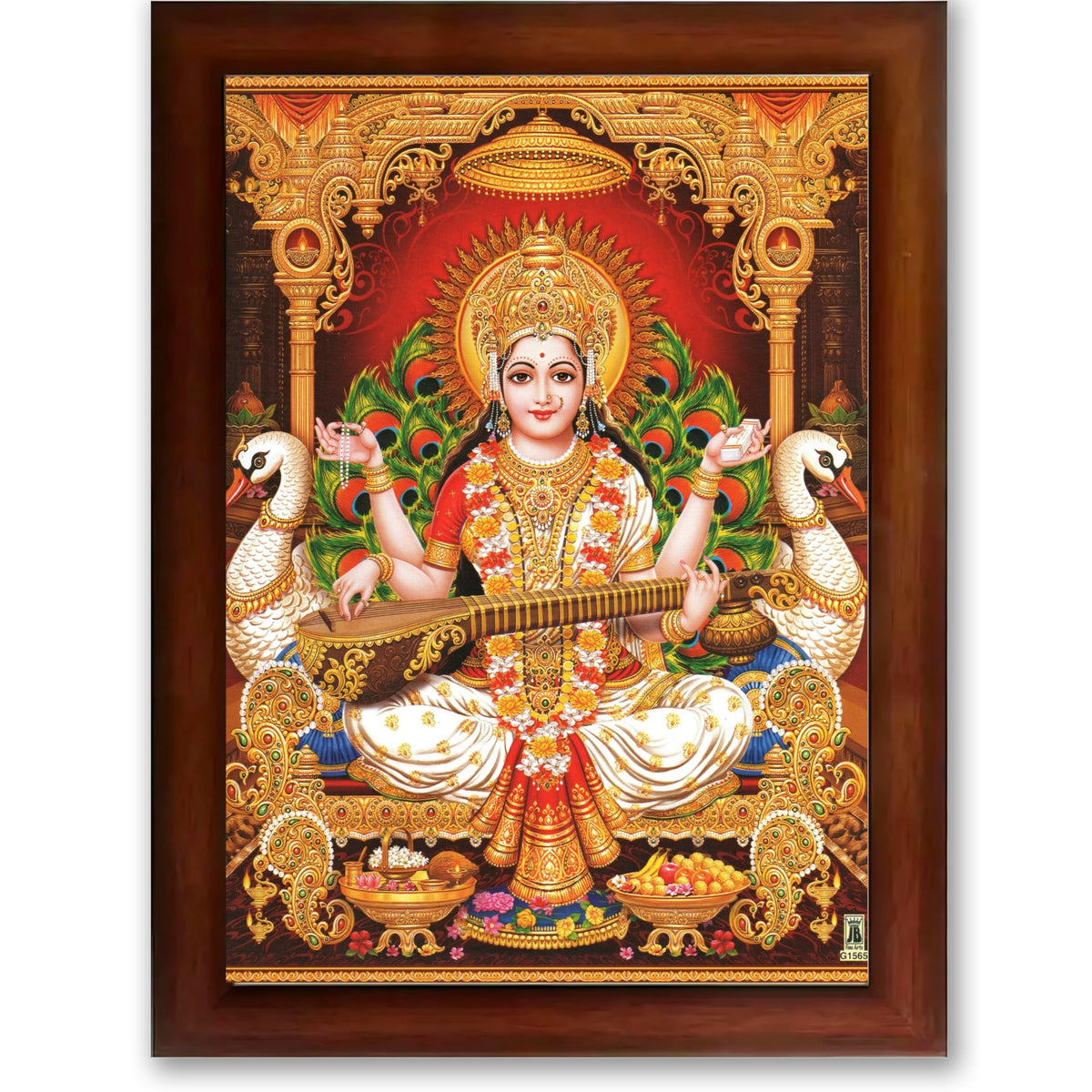 CRAFT QUEST Saraswati Devi Goddess Saraswathi Maa Wall Painting Framed For Home Décor Synthetic wooden Framed