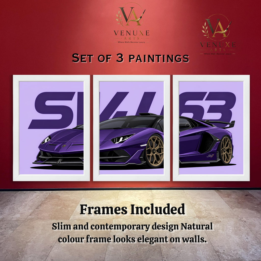 VENUXE ARTS Set Of 3 Big Sports Cars Framed Posters Gift Items for Boys Room Wall Decoration Bedroom Living Room Office Studio Décor | Car Poster Frame for Wall Décor