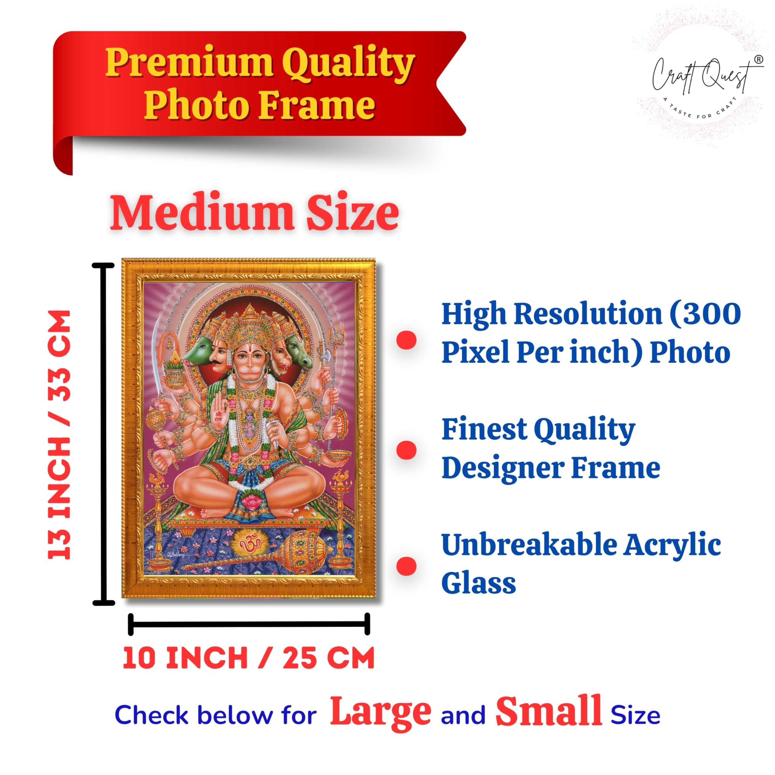 CRAFT QUEST Panchmukhi Hanuman JI | Bajrangbali Religious Photo frame Decorative Item Synthetic frame