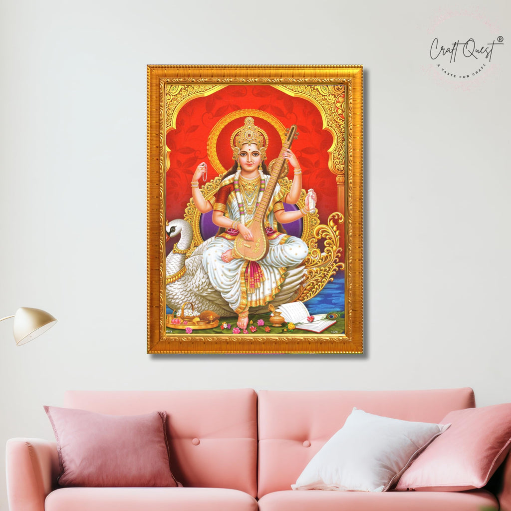 CRAFT QUEST Saraswati Devi Goddess Saraswathi Maa Wall Painting Framed For Home Décor Synthetic wood Framed