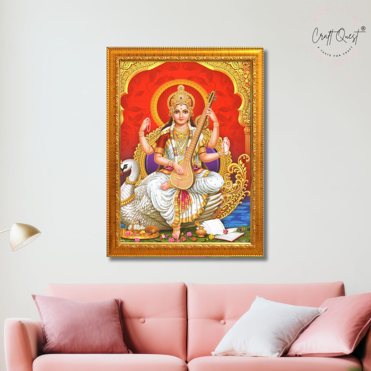 CRAFT QUEST Saraswati Devi Goddess Saraswathi Maa Wall Painting Framed For Home Décor Synthetic wood Framed