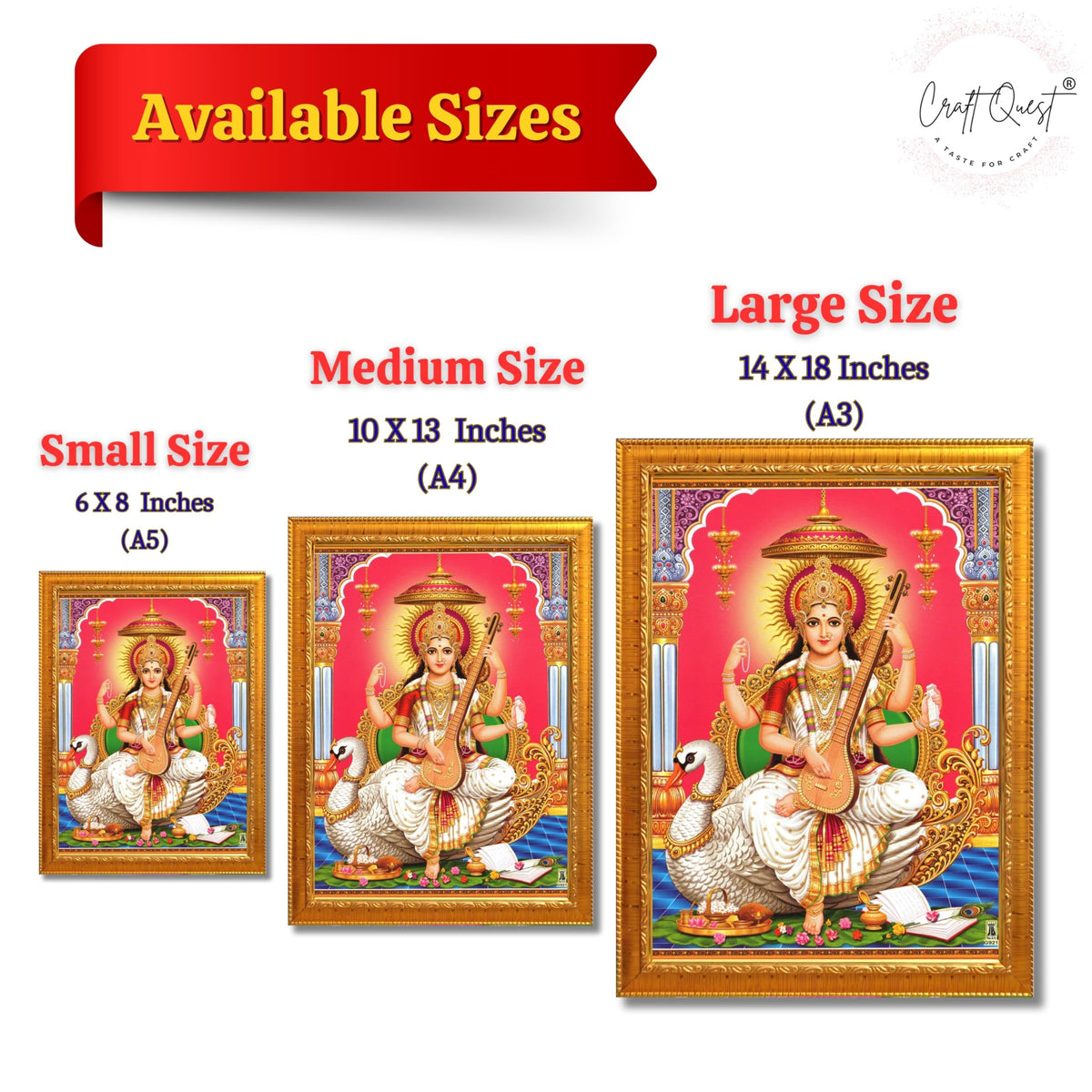 CRAFT QUEST Saraswati Devi Goddess Saraswathi Maa Wall Painting Sparkle Coated Framed Home Décor Synthetic wooden Framed