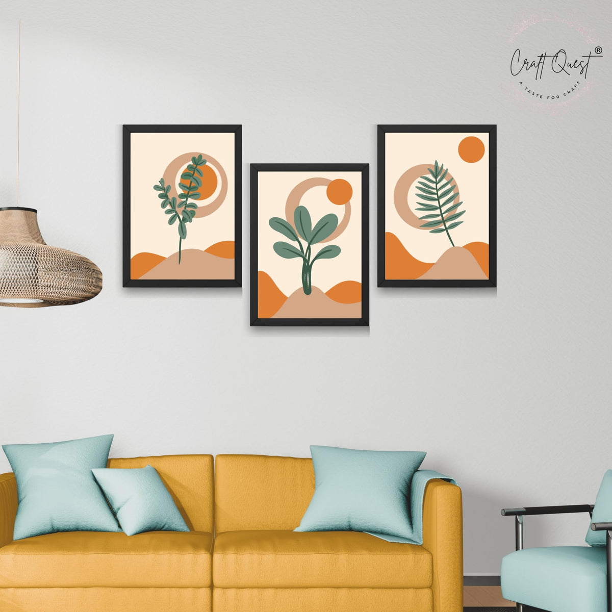 CRAFT QUEST Wall Art Decor Paintings | Set of 3 BOHO Wall Art Frames for Home Decoratio | Ideal for Living Room, Offices & Bedrooms
