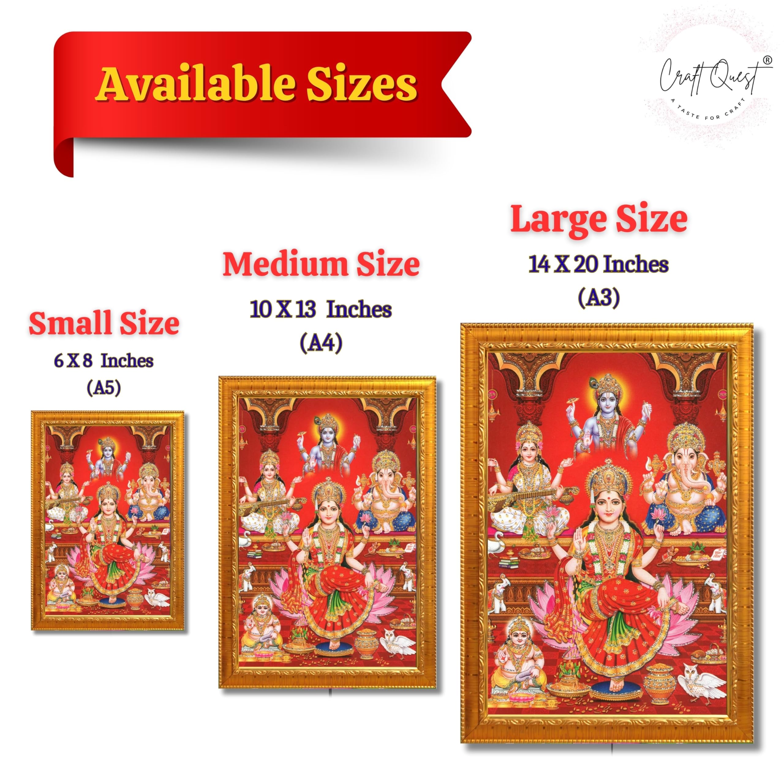 CRAFT QUEST Lakshmi Devi Ganesha Saraswati Ganesh ji Hanging Wall Painting Framed Home and Pooja Decor Hindu Bhagwan Devi Devta Photo Frame