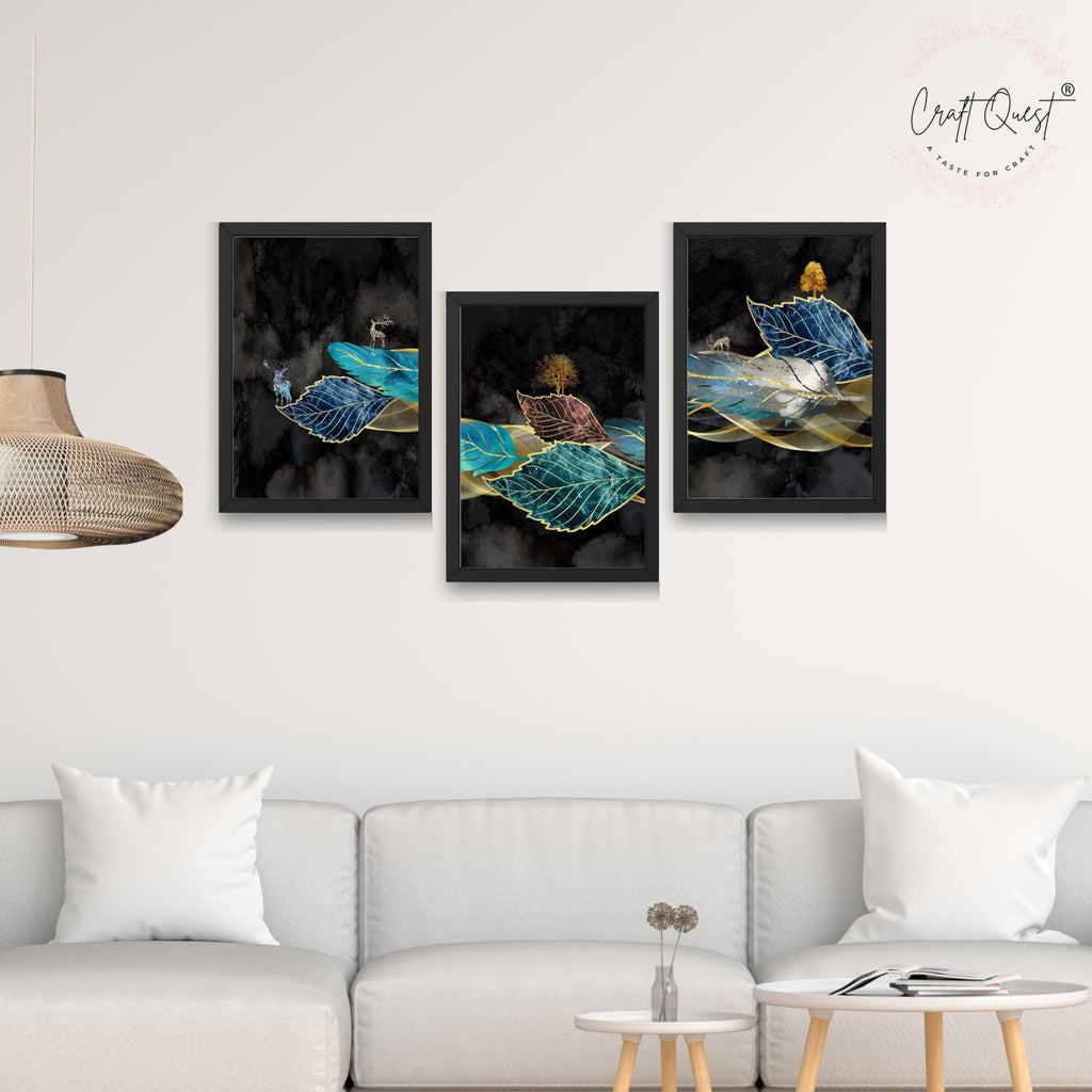 CRAFT QUEST Modern Art Blue,Turquoise & Red Leaves Wall Art | Set of 3 Frames for Home Decoration | Ideal for Living Room, Bedroom & Offices