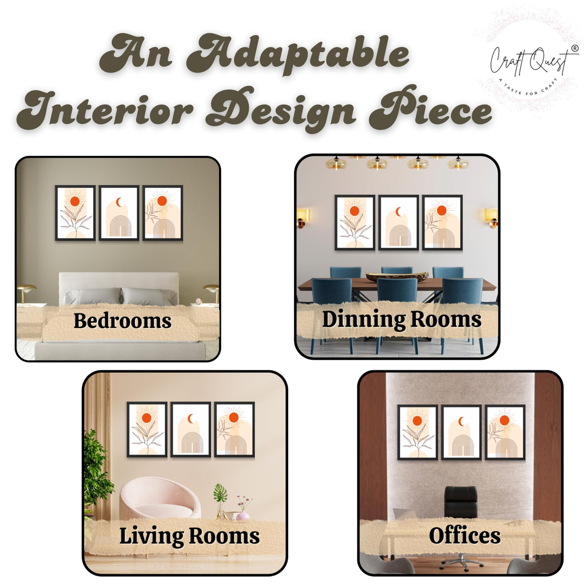 CRAFT QUEST Wall Art Decor Paintings | Set of 3 BOHO Wall Art Frames for Home Decoration | Ideal for Living Room, Bedroom & Office