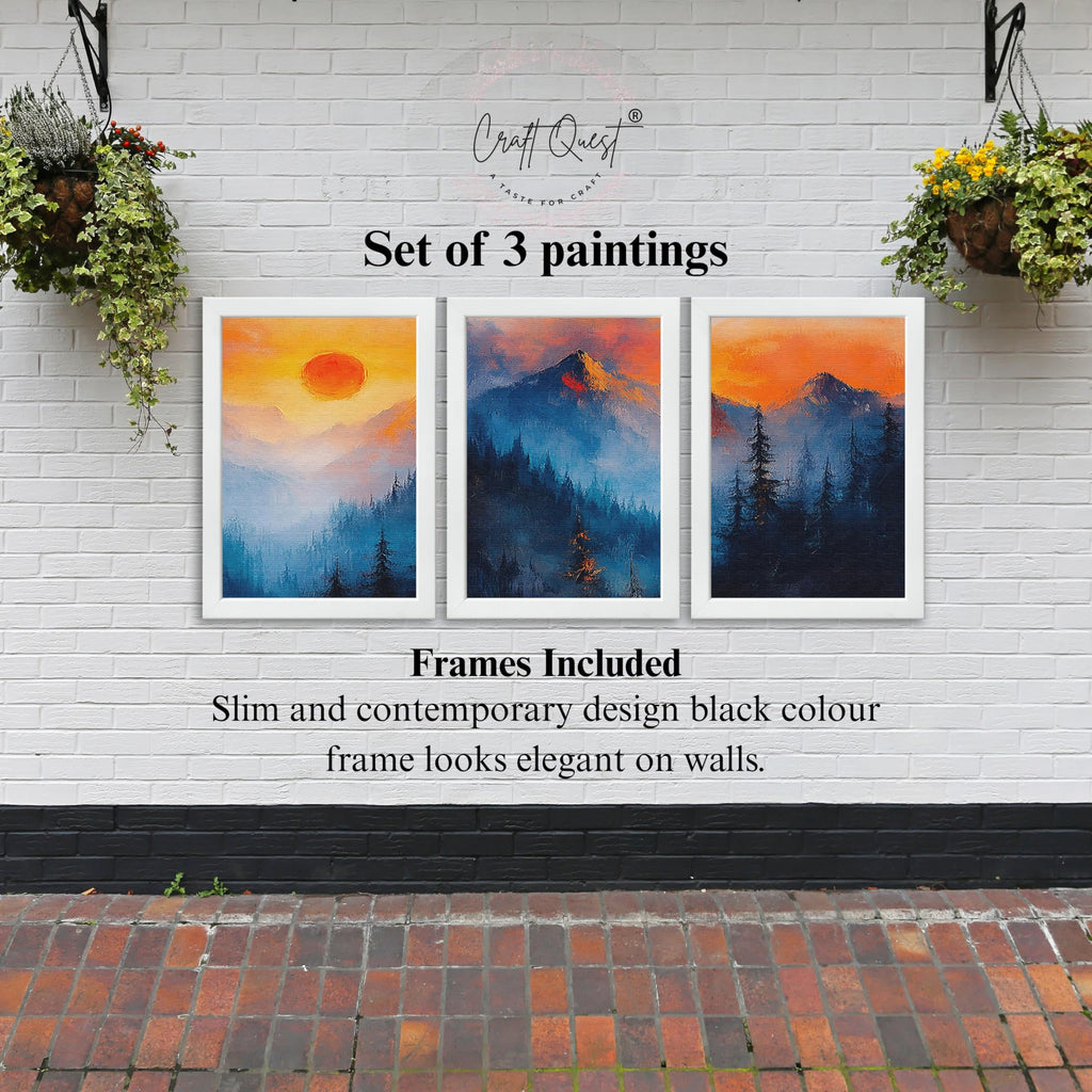 CRAFT QUEST Nature Inspired Landscape With Trees & Mountains Wall Art | Set of 3 Frames for Home Decoration | Ideal for Living Room, Bedroom & Offices