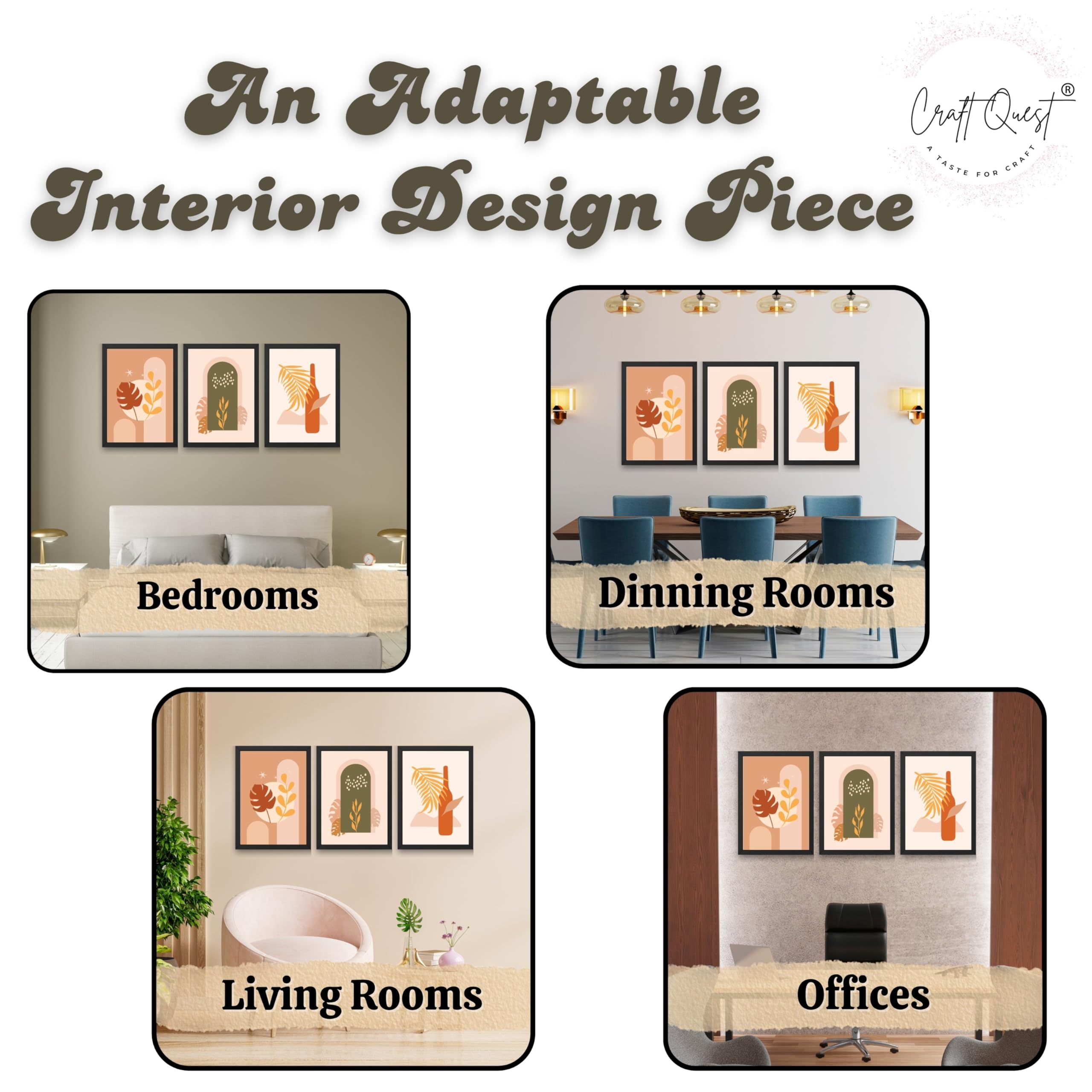 CRAFT QUEST Wall Art Decor Paintings | Set of 3 BOHO Wall Art Frames for Home Decoration | Ideal for Living Room, Offices & Bedrooms