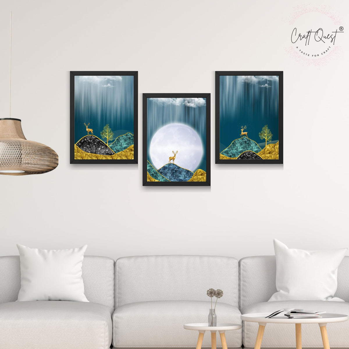CRAFT QUEST Modern Art Landscape Of Moon & Golden Christmas Trees Wall Art | Set of 3 Frames for Home Decoration | Ideal for Living Room, Bedroom & Offices