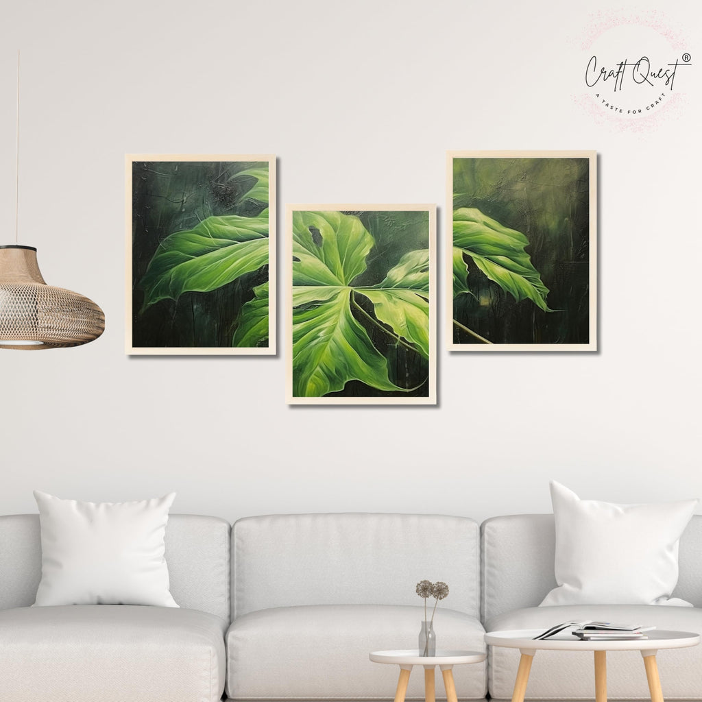 CRAFT QUEST Nature Inspired Painting Of Plant With Green Leaves Wall Art | Set of 3 Frames for Home Decoration | Ideal for Living Room, Bedroom & Offices