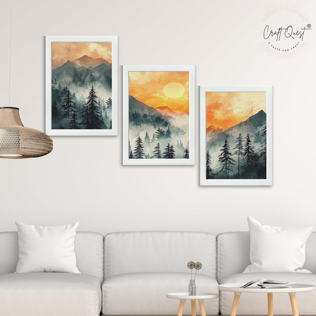 CRAFT QUEST Nature Inspired Paintings With Trees & Mountains Wall Art | Set of 3 Frames for Home Decoration | Ideal for Living Room, Bedroom & Office