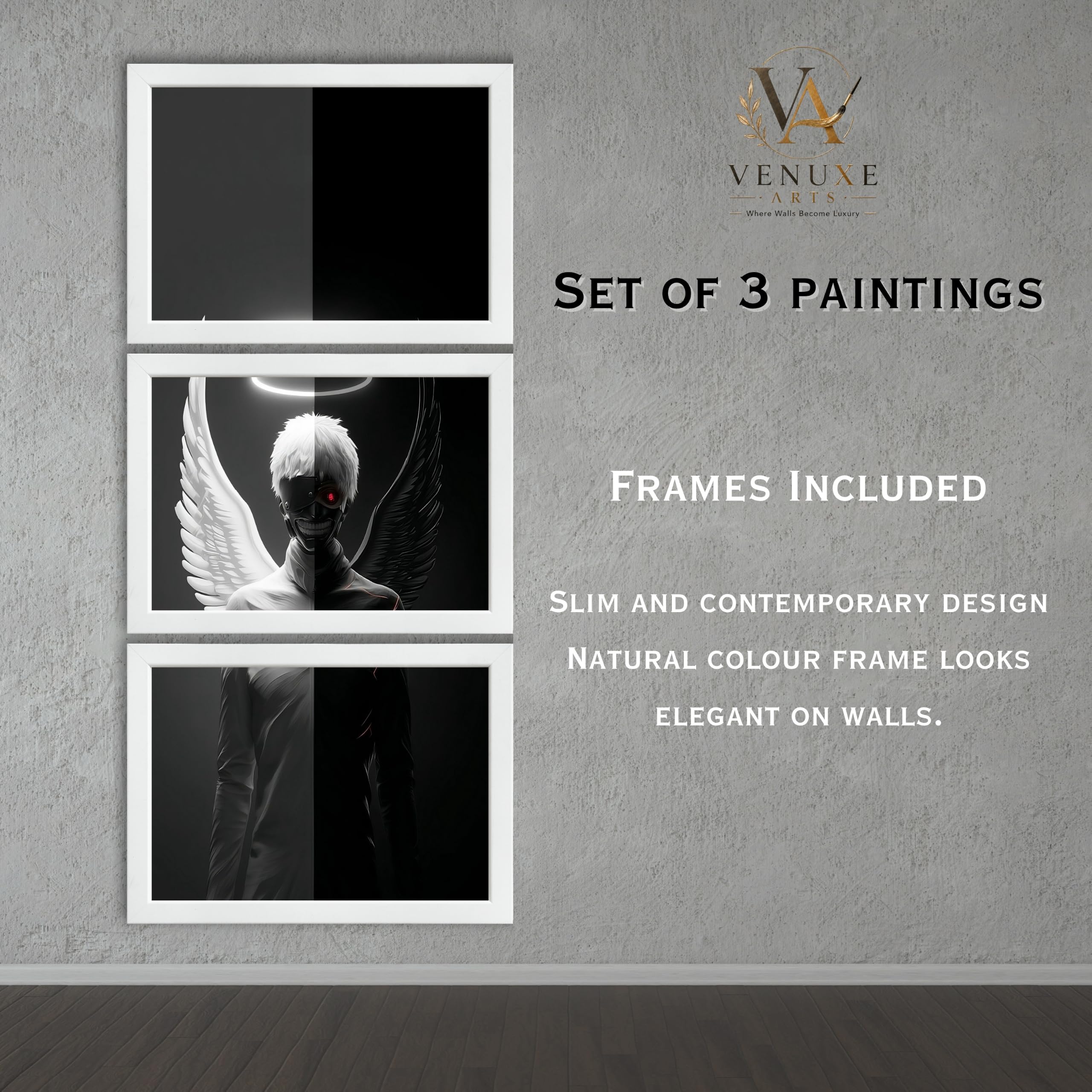 VENUXE ARTS Set Of 3 Anime Characters Wall Framed |Anime Characters Framed Poster for Living Room Bedroom Gaming Room Studio Wall Decor