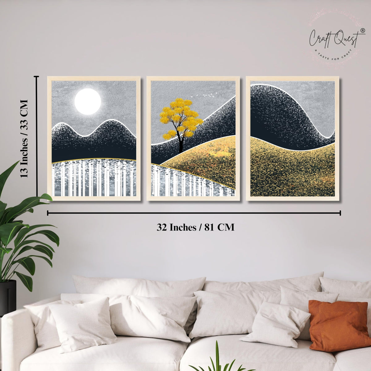 CRAFT QUEST Modern Abstract Landscape Art | Set of 3 Frames for Home Decoration | Ideal for Living Room, Bedroom & Offices