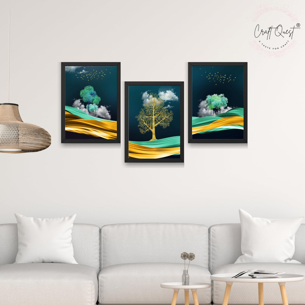 CRAFT QUEST Modern Art Mural With Golden Tree & Birds Wall Art | Set of 3 Frames for Home Decoration | Ideal for Living Room, Bedroom & Offices