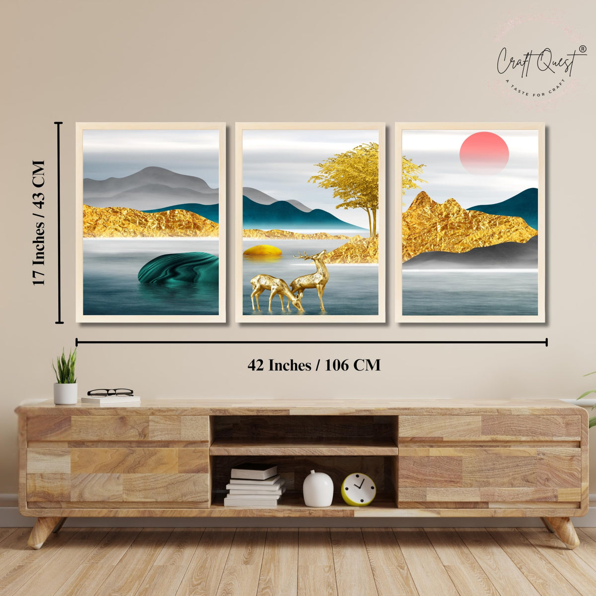 CRAFT QUEST Modern Art Landscapes Sanlian Abstract Wall Art | Set of 3 Frames for Home Decoration | Ideal for Living Room, Bedroom & Offices