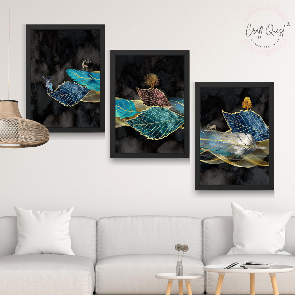 CRAFT QUEST Modern Art Blue,Turquoise & Red Leaves Wall Art | Set of 3 Frames for Home Decoration | Ideal for Living Room, Bedroom & Offices