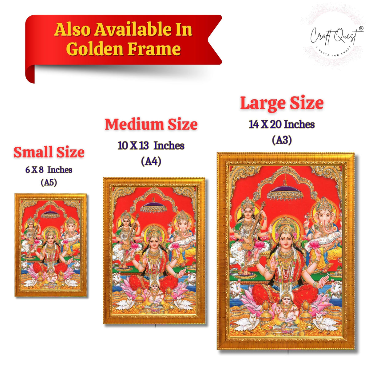 CRAFT QUEST Lord Laxmi Ganesh Saraswati Religious God Hindu Photo Frame for Diwali,Wall, Office, Temple, Pooja, Living Room Home and Decor Item