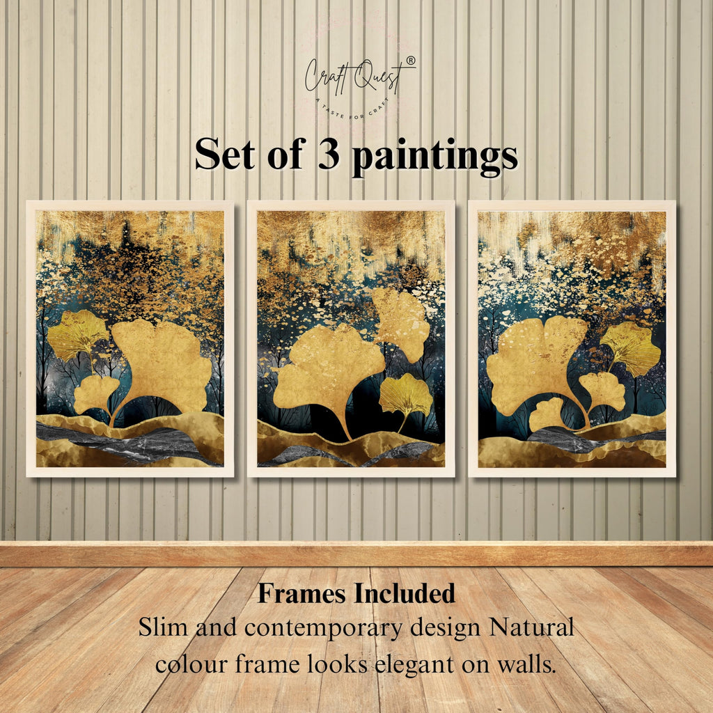 CRAFT QUEST Modern Art Of Ginko Leaves With Golden Mountains Wall Art | Set of 3 Frames for Home Decoration | Ideal for Living Room, Bedroom & Offices