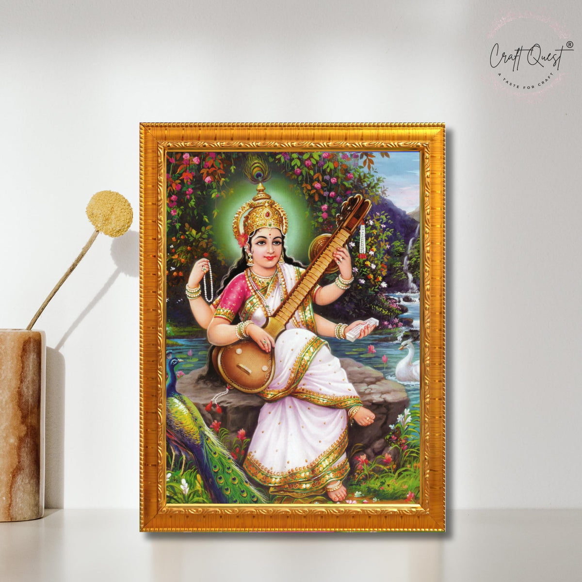 CRAFT QUEST Saraswati Devi Goddess Saraswathi Maa Wall Painting Framed Home Décor Synthetic wooden Framed