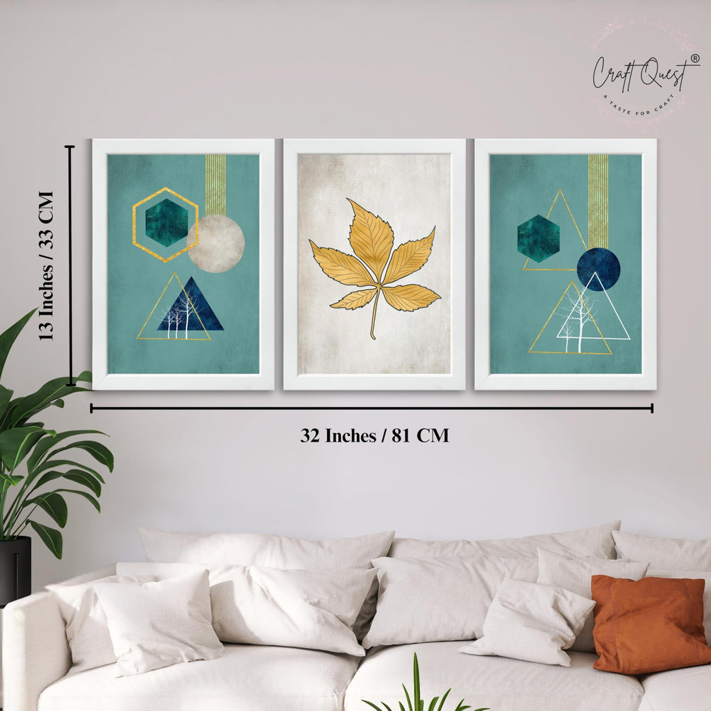 CRAFT QUEST Modern Art Shapes & Leaf Abstract | Set of 3 Frames for Home Decoration | Ideal for Living Room, Bedroom & Offices