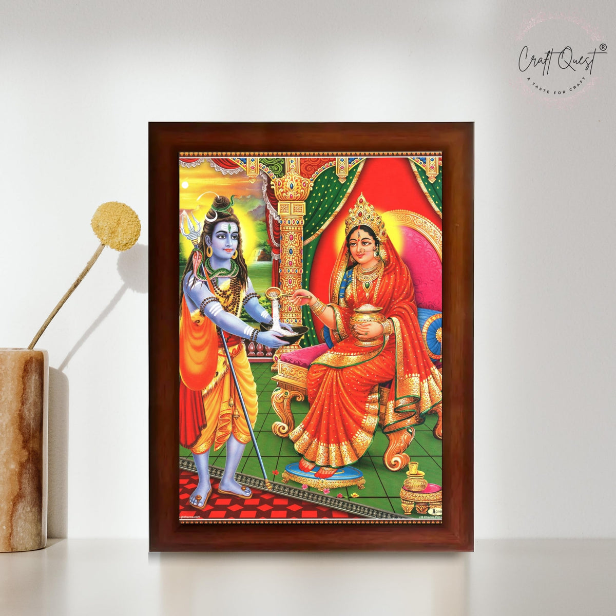 CRAFT QUEST Shiva & Maa Annapurna devi sitting on throne photo frame with with Acrylic glass, for Kitchen Worship