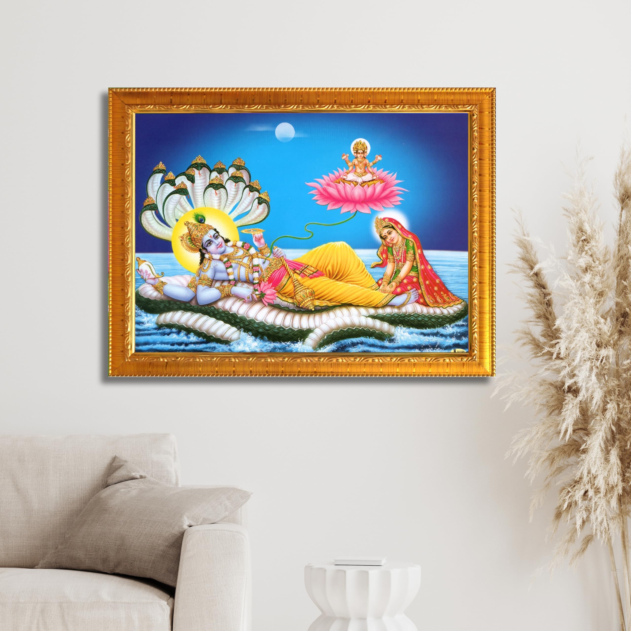 CRAFT QUEST Lord Vishnu and Goddess Lakshmi Giving Blessing on Shesh naag, landscape Glitter Painting with Golden Synthetic Frame