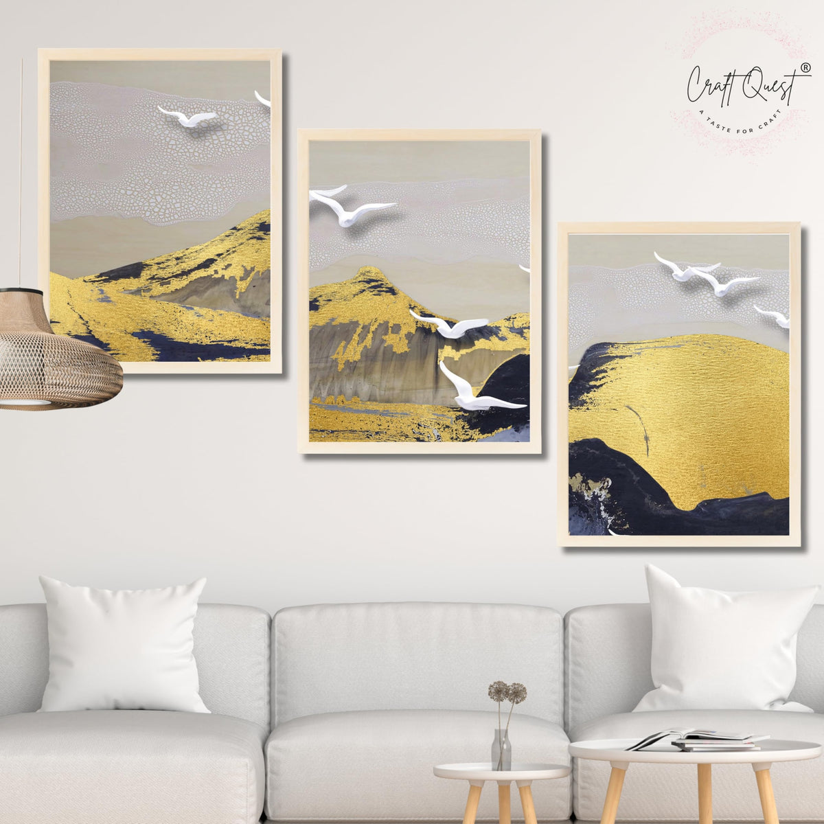 CRAFT QUEST Modern Art Abstract Porch Golden Wall Art | Set of 3 Frames for Home Decoration | Ideal for Living Room, Bedroom & Offices