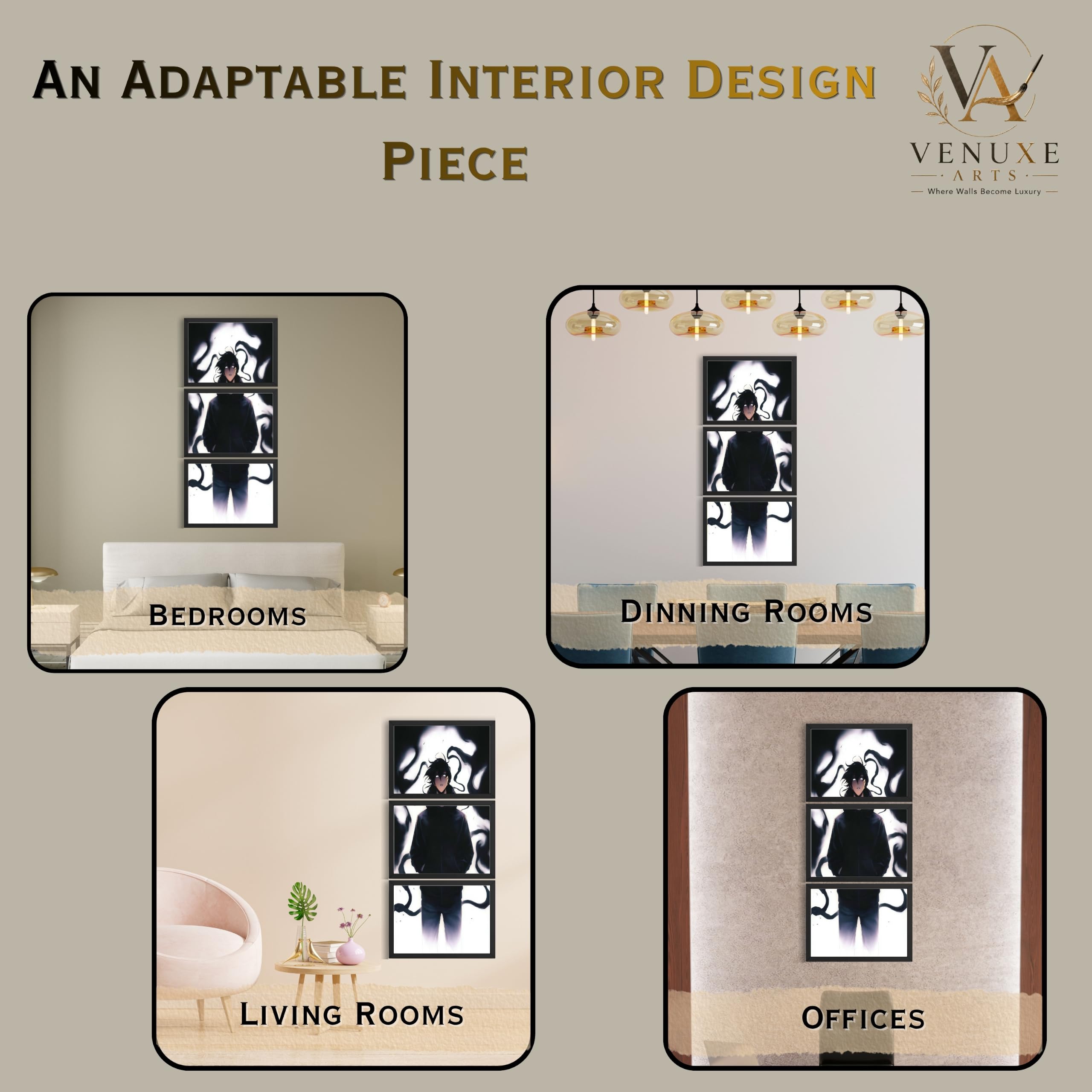 VENUXE ARTS Set Of 3 Anime Characters Wall Framed |Anime Characters Framed Poster for Living Room Bedroom Gaming Room Studio Wall Decor