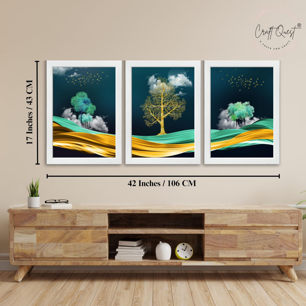 CRAFT QUEST Modern Art Mural With Golden Tree & Birds Wall Art | Set of 3 Frames for Home Decoration | Ideal for Living Room, Bedroom & Offices