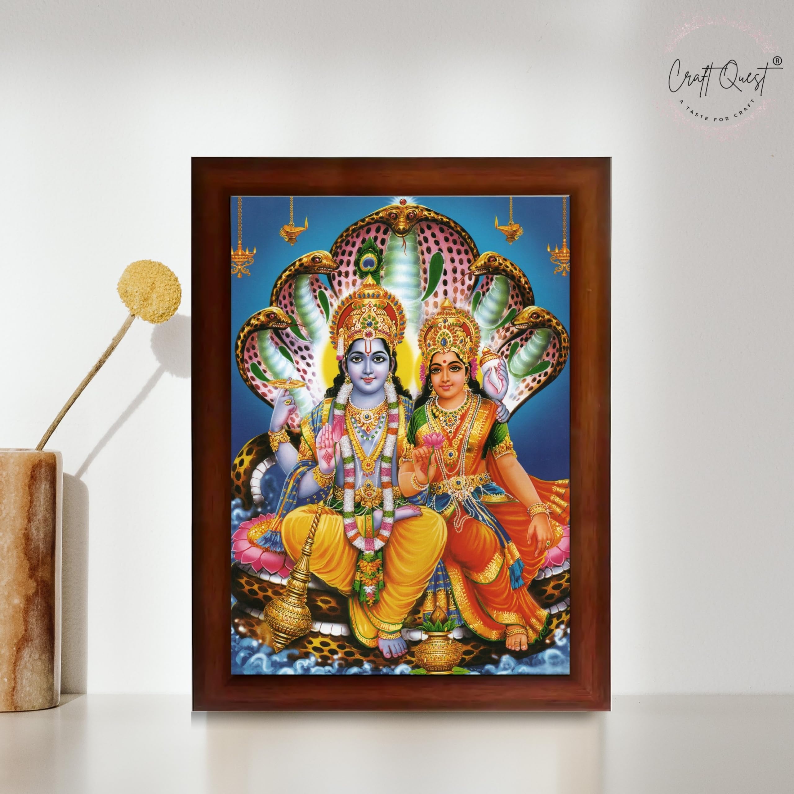 CRAFT QUEST Laxmi Narayan Laxmi Vishnu Dev Lakshmi Devi Ji Wall Painting Framed Home Decor, Religious Photo Frame
