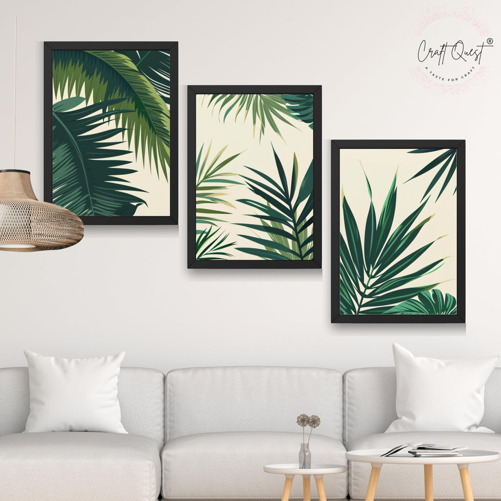 CRAFT QUEST Nature Inspired Tropical Palm Leaves Modern Wall Art | Set of 3 Frames for Home Decoration | Ideal for Living Room, Bedroom & Offices