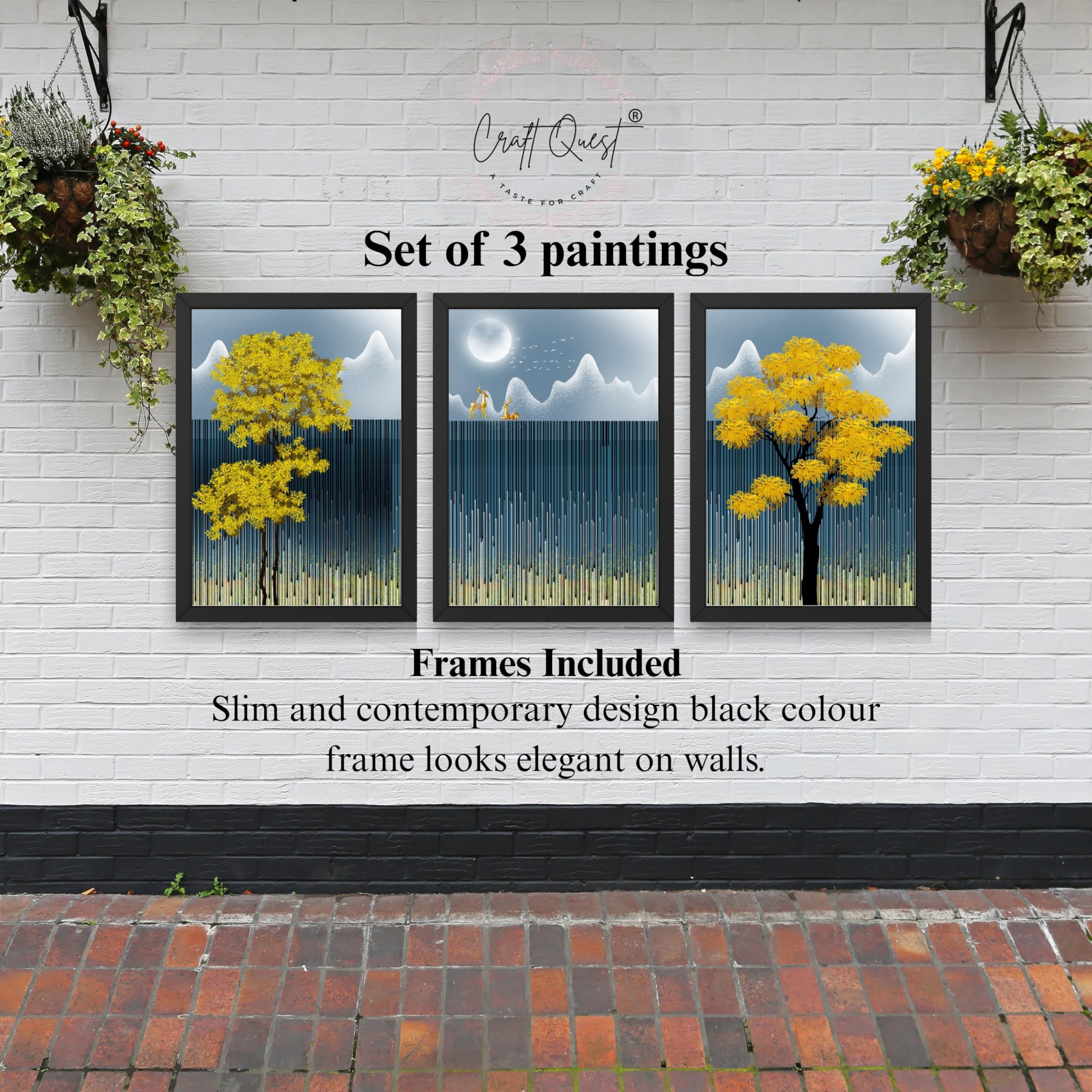 CRAFT QUEST Modern Abstract Blue Landscape Art | Set of 3 Frames for Home Decoration | Ideal for Living Room, Bedroom & Offices