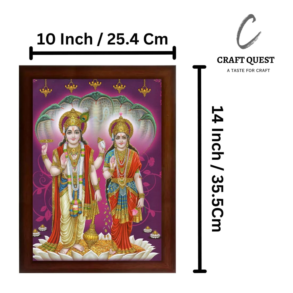 CRAFT QUEST Lord Vishnu and Goddess Lakshmi standing Giving Blessing, Glitter Work Painting with Brown Frame (14 X 10 Inches, Brown Wood)