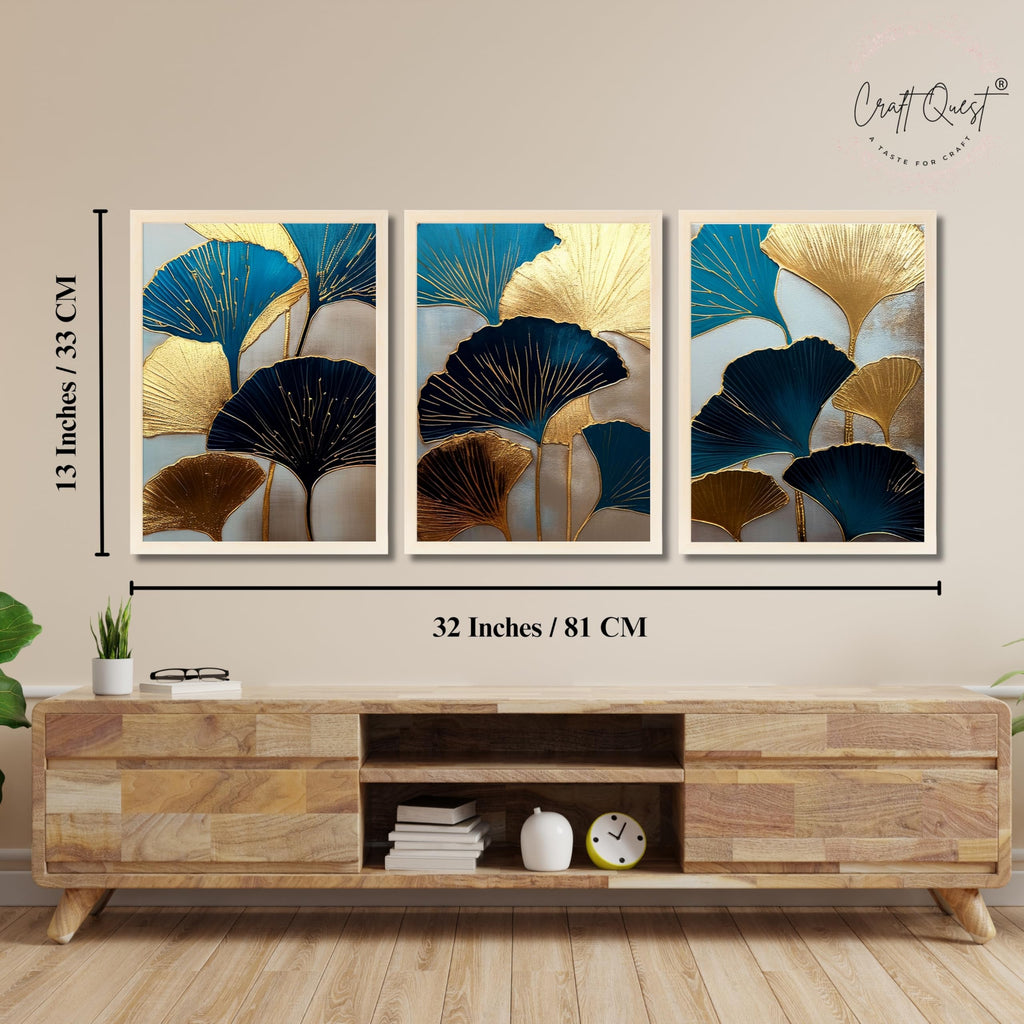 CRAFT QUEST Modern Art Abstract Aureate Geometry Wall Art | Set of 3 Frames for Home Decoration | Ideal for Living Room, Bedroom & Offices