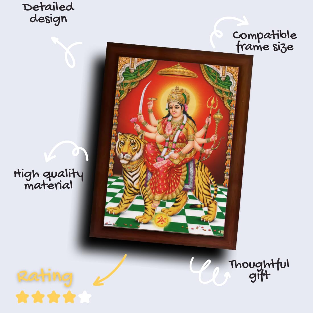 Craft Quest Durga mata photo with brown frame | God Religious Framed Painting (Large Size 14 X 10 Inches. Multicolour)