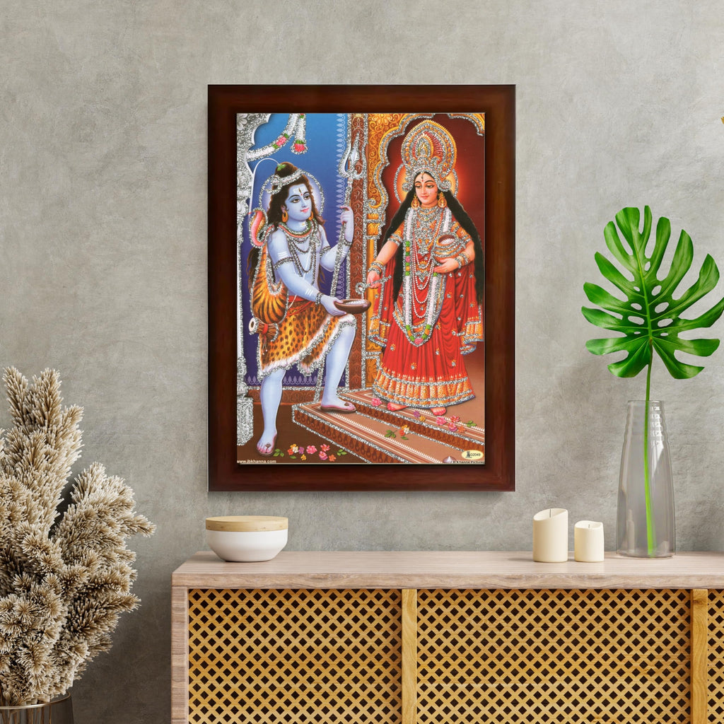 CRAFT QUEST Shiva & Maa Annapurna devi sitting on throne photo frame with Acrylic Glass for Kitchen Worship