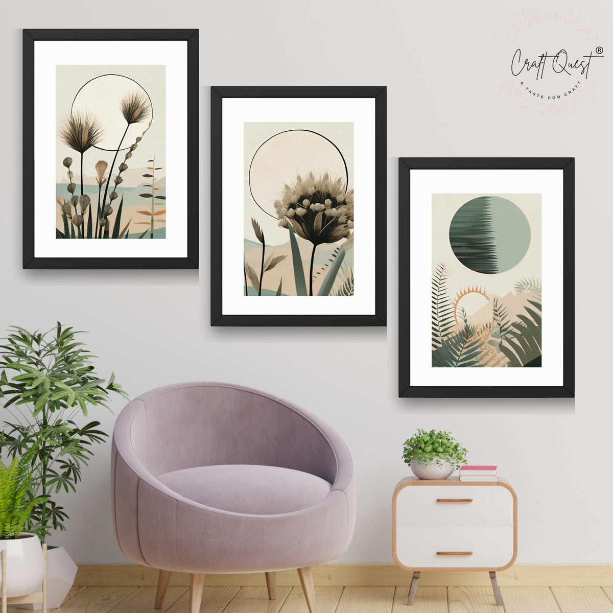 CRAFT QUEST Boho Abstract Flowers & Leaves | Set of 3 Frames for Home Decoration | Ideal for Living Room, Bedroom & Offices