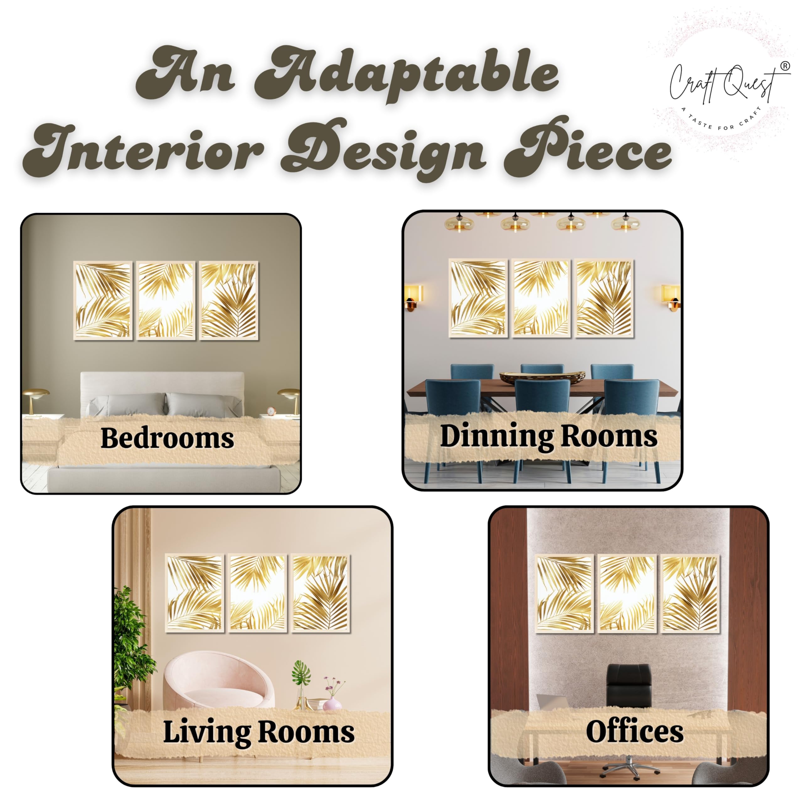CRAFT QUEST Nature Inspired Abstract Plants Geometry Wall Art | Set of 3 Frames for Home Decoration | Ideal for Living Room, Bedroom & Offices