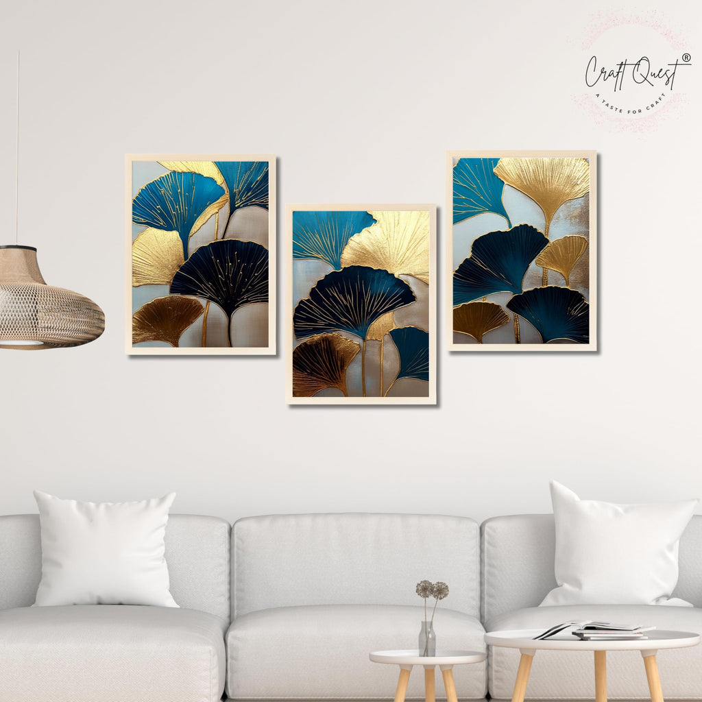 CRAFT QUEST Modern Art Abstract Aureate Geometry Wall Art | Set of 3 Frames for Home Decoration | Ideal for Living Room, Bedroom & Offices