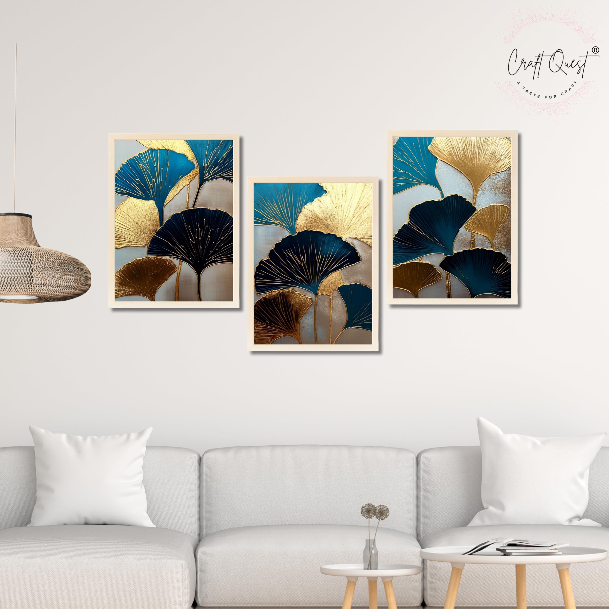 CRAFT QUEST Modern Art Abstract Aureate Geometry Wall Art | Set of 3 Frames for Home Decoration | Ideal for Living Room, Bedroom & Offices