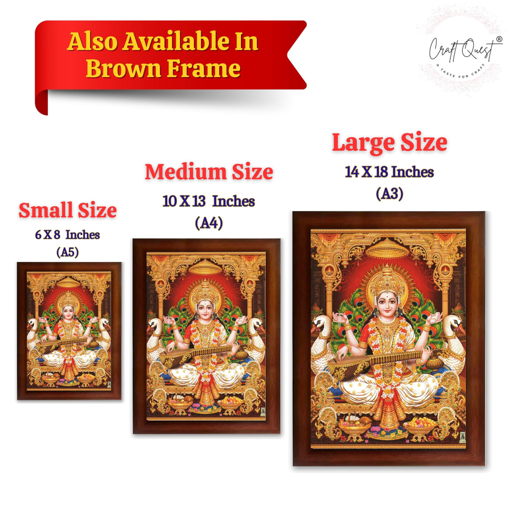 CRAFT QUEST Saraswati Devi Goddess Saraswathi Maa Wall Painting Framed For Home Décor Synthetic wooden Framed