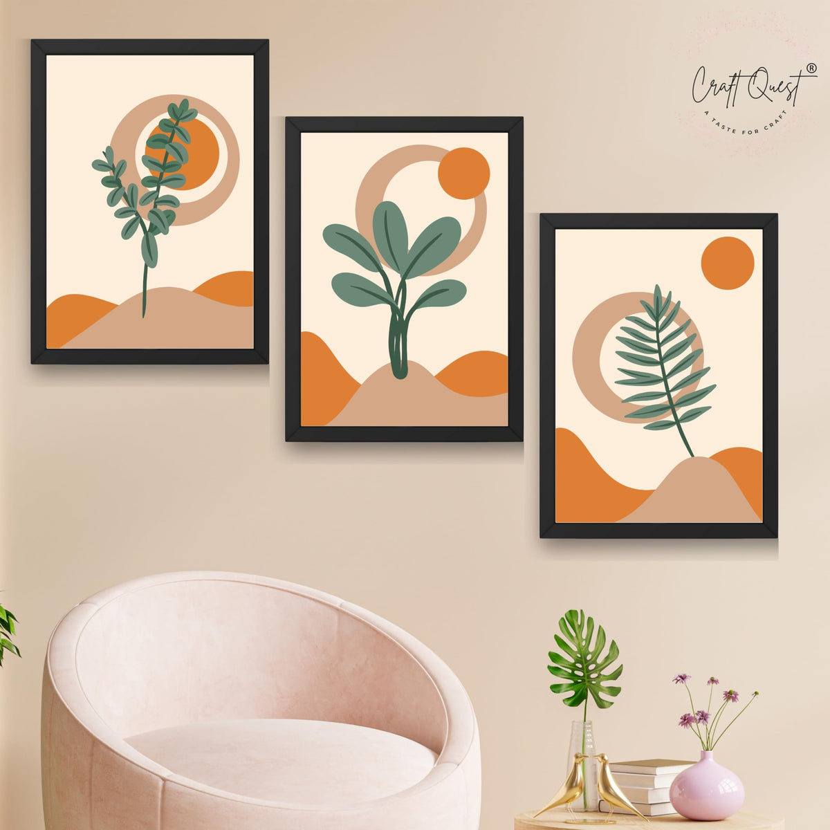 CRAFT QUEST Wall Art Decor Paintings | Set of 3 BOHO Wall Art Frames for Home Decoratio | Ideal for Living Room, Offices & Bedrooms