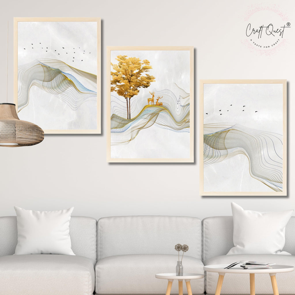 CRAFT QUEST Modern Art Landscapes Sanlian Adornment Wall Art | Set of 3 Frames for Home Decoration | Ideal for Living Room, Bedroom & Offices