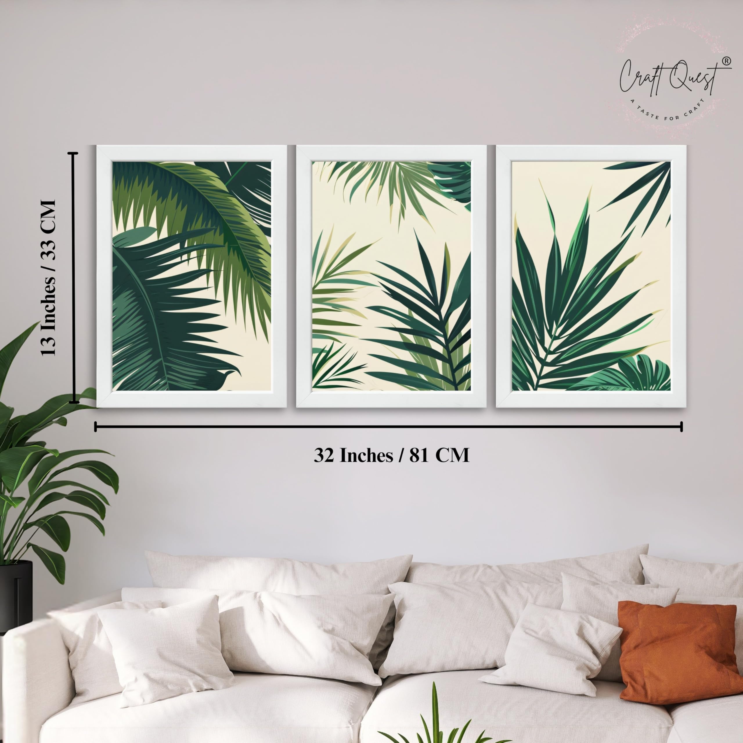 CRAFT QUEST Nature Inspired Tropical Palm Leaves Modern Wall Art | Set of 3 Frames for Home Decoration | Ideal for Living Room, Bedroom & Offices