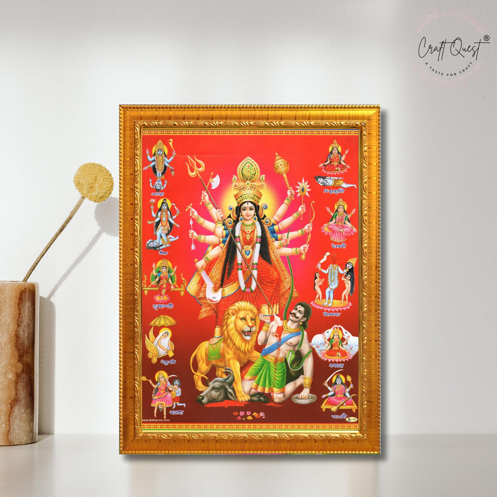 CRAFT QUEST Durga mata Mahishasura Mardini | Mahisasur Mardhini Durga Framed, Religious Photo Frame With Acrylic Glass