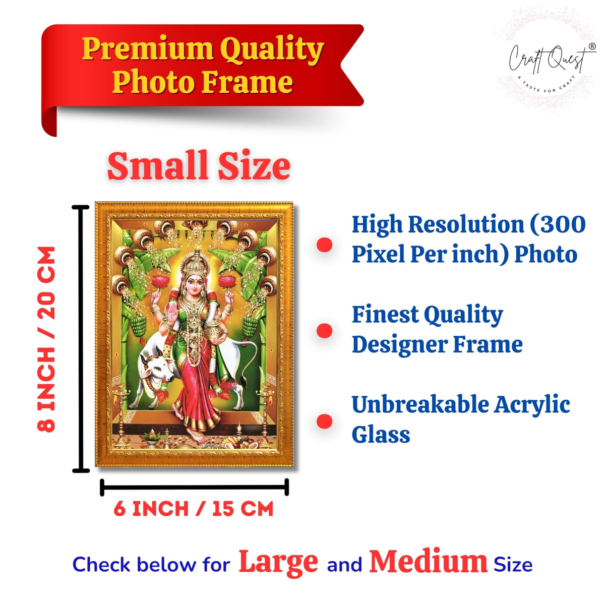 CRAFT QUEST Goddess Lakshmi Mata Vaibhav Laxmi Wall Painting Photo Framed | Acrylic Glass, Lightweight | Ideal for Home, Office, Temple & Puja Room, Wall Decor