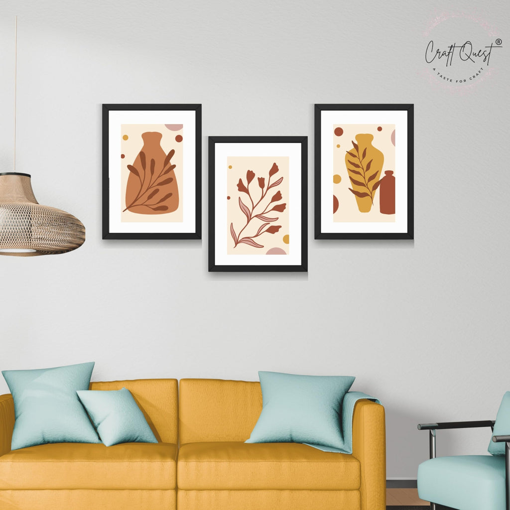 CRAFT QUEST Wall Art Decor Paintings | Set of 3 BOHO Wall Art Frames for Home Decoratio | Ideal for Living Room, Office & Bedrooms